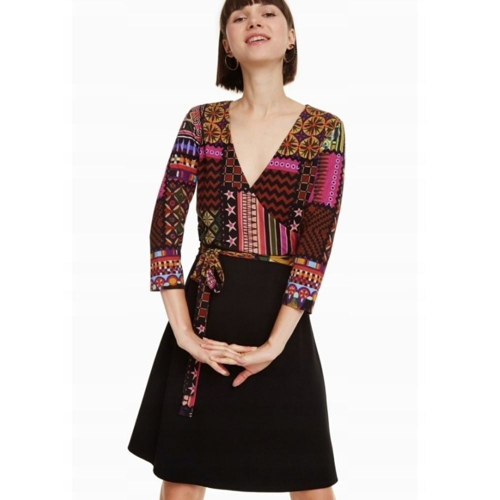 Desigual Vest Jill Multicolor Boho Casual Hippie Printed Wrap Mini Dress Sz XL.